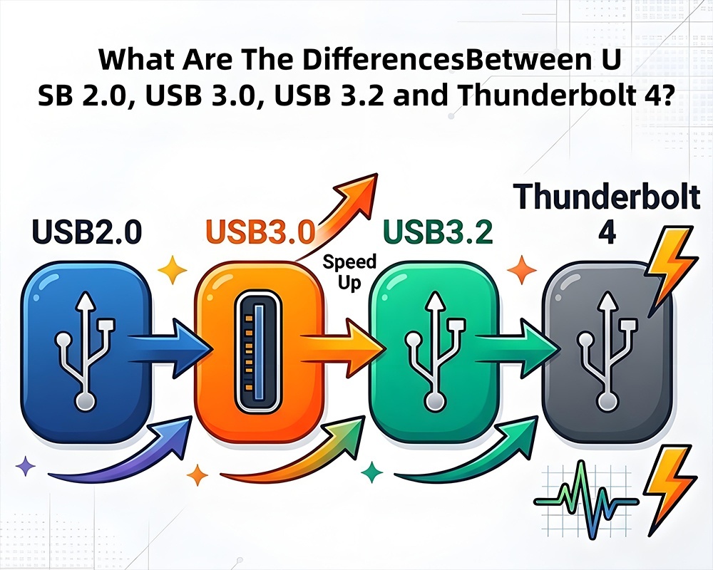 Laatste bedrijfsblogs Volledige USB-specificatiegids Wat zijn de verschillen tussen USB2.0 USB3.0 USB3.2 en Thunderbolt 4