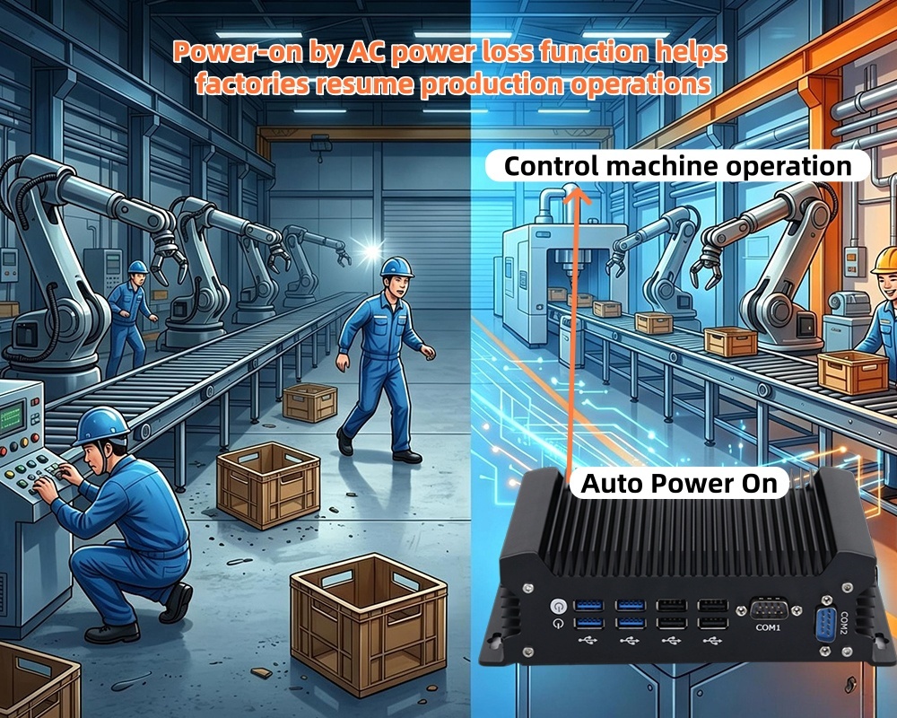 Laatste bedrijfsblogs Onverwachte stroomstoring legt productielijnen stil Mini-pc Automatische inschakelfunctie helpt fabrieken de productie te hervatten